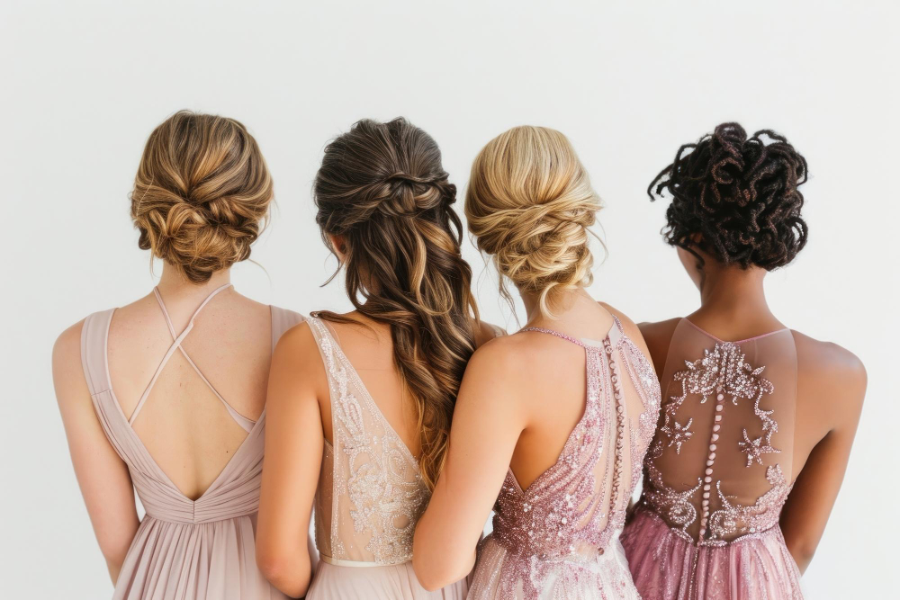 4 chicas de espaldas mostrando Peinados que sobreviven todo el evento